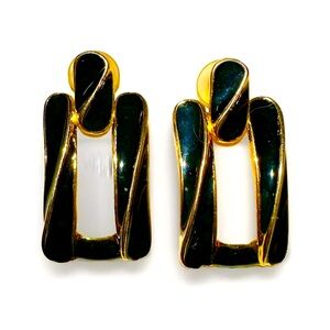 80's Black Enamel Door Knocker Earrings pierced Gold Tone Statement Fashion Vtg